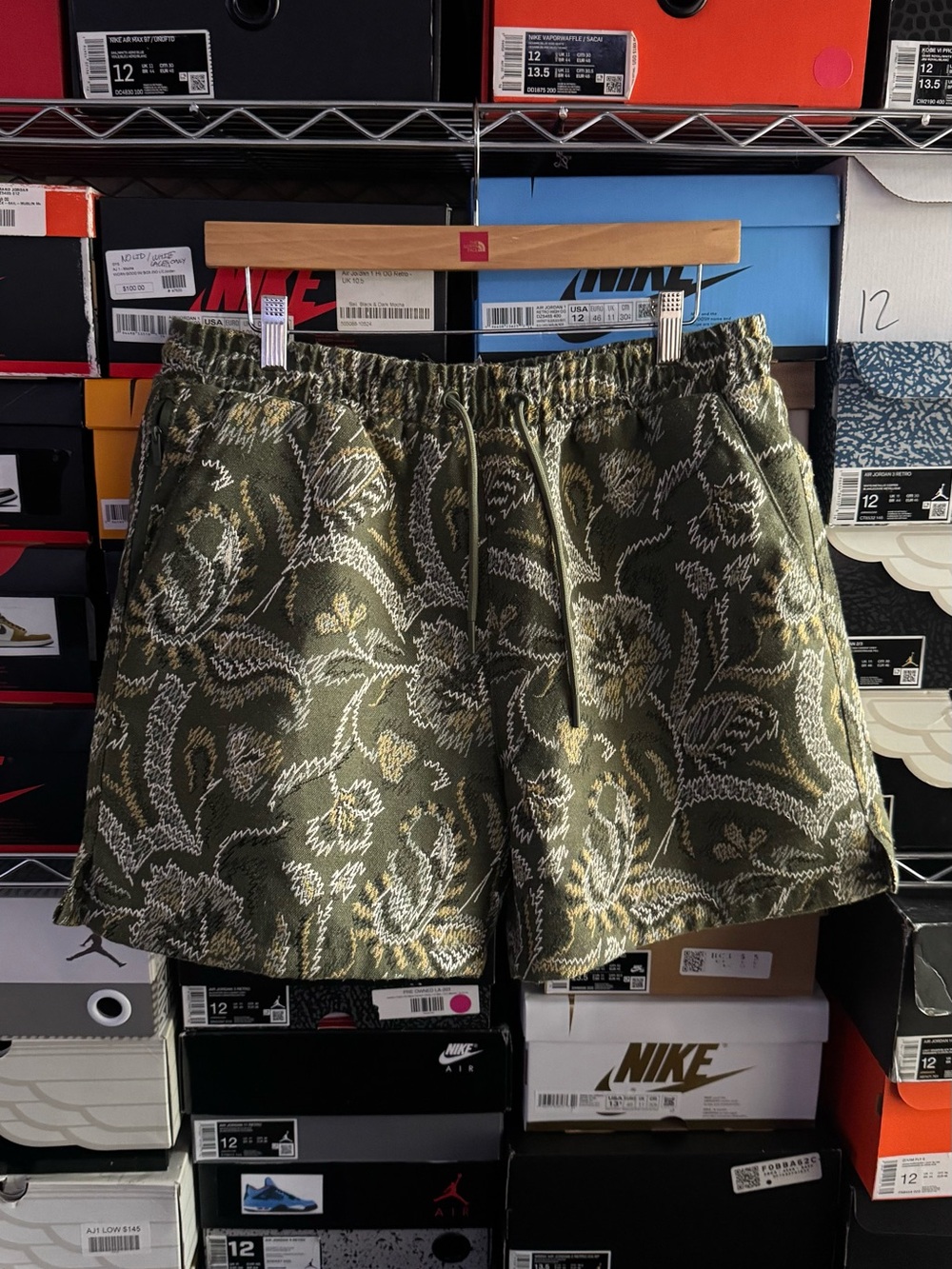 Olive Green Floral Jacquard Drawstring Shorts